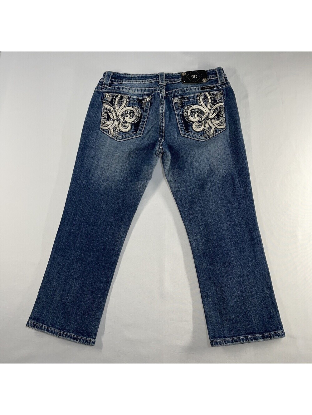 Miss Me Jeans Women's 29 Mid Rise Easy Cropped Straight Bling Embellished Denim